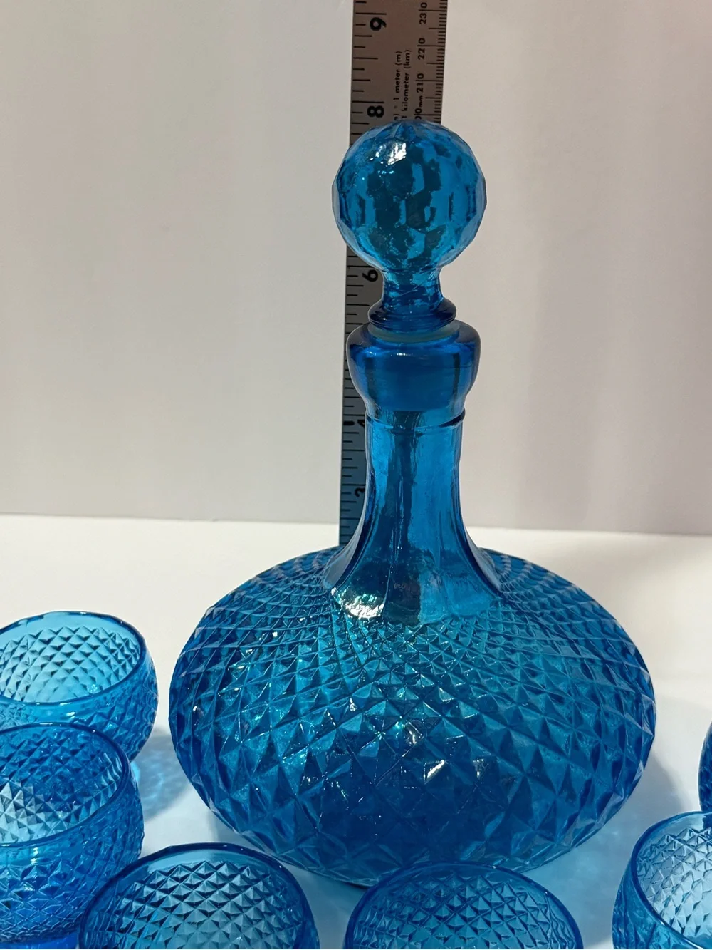 MCM 1960s 7 Piece Empoli Italy Blue Diamond Point Decanter Set – Vintage